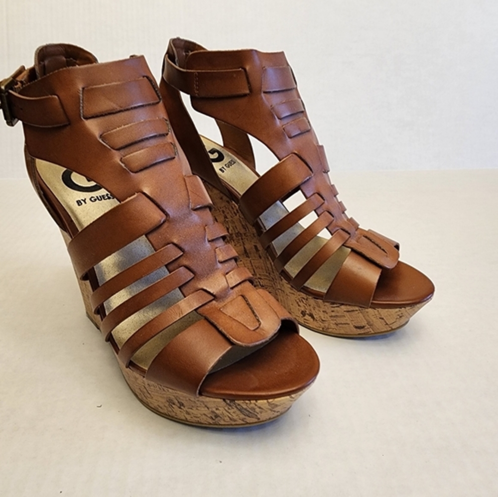 New in Box, G by Guess Driani Gladiator Wedge Sandals Medium Brown, Size 8
